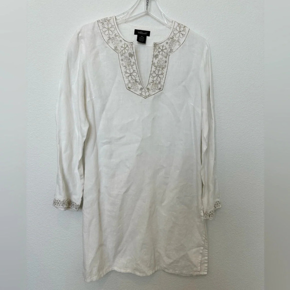 WilliSmith 100% Linen White Embroidered Tunic Top/Swimsuit coverup Size M - Picture 1 of 12